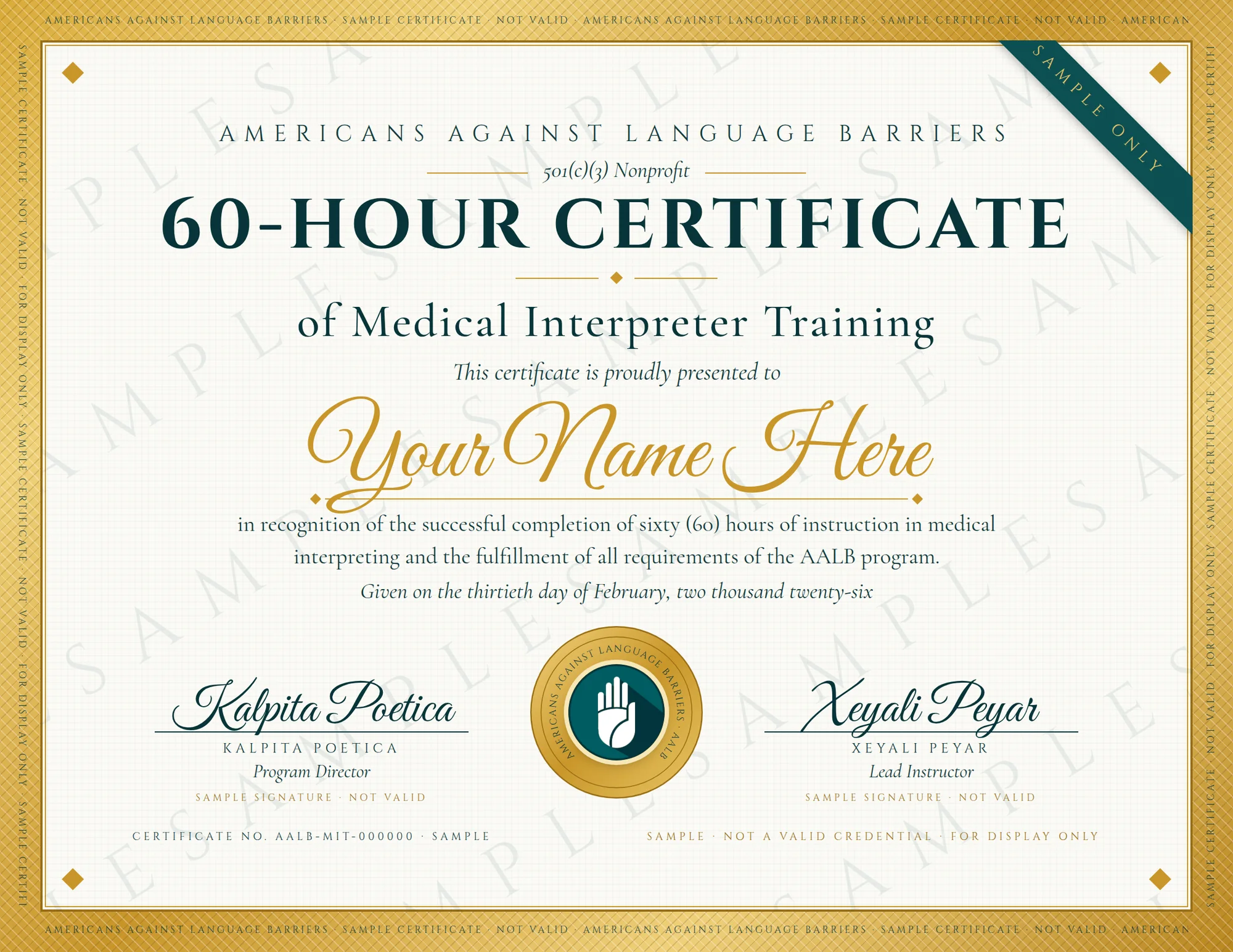 Sample of the AALB 60-Hour Certificate of Medical Interpreter Training, marked as a sample that is not a valid credential